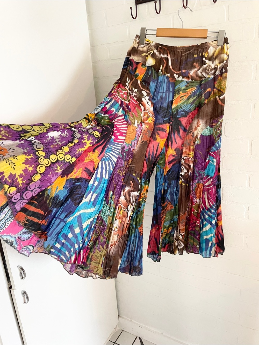 Y2K Patchwork Culotte Flare Pants Art To Wear Cotton Statement Sz S - Picture 4 of 16